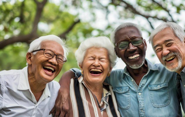 Four smiling senior citizens laughing together outdoors